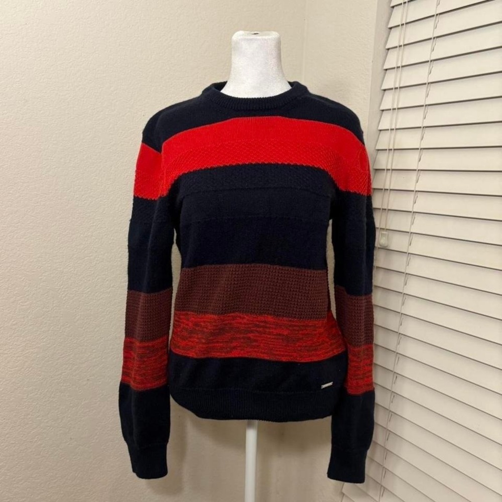 Diesel blue and red striped crew neck wool blend fishermans grandpa sweater